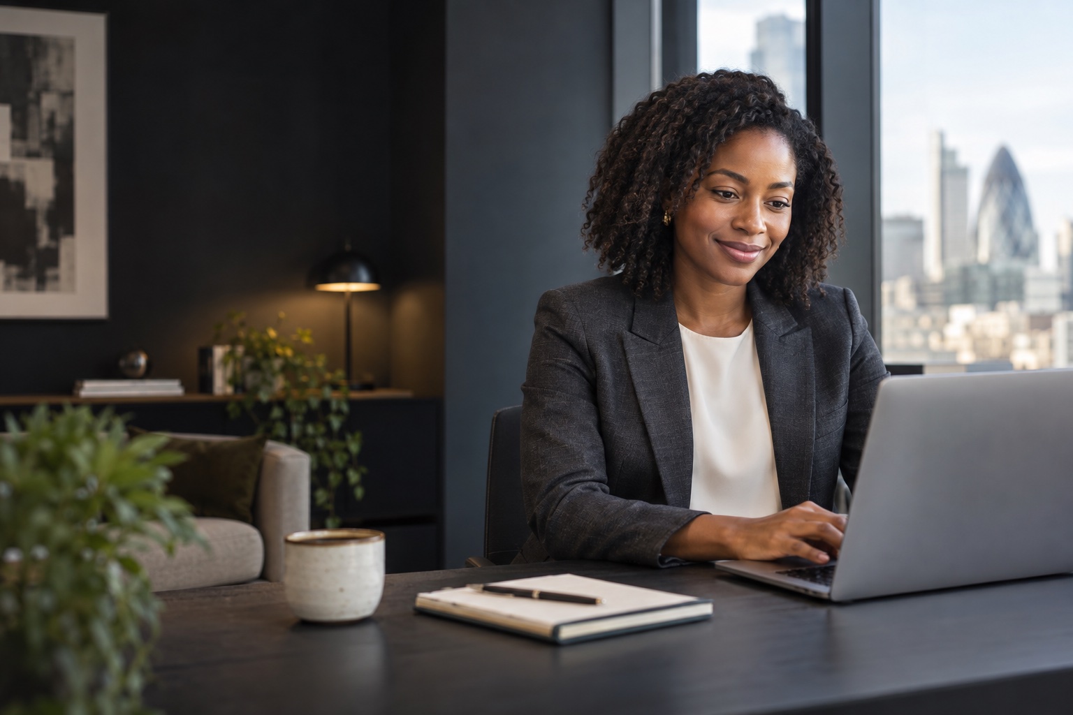 A Black business professional working on a laptop in a London office